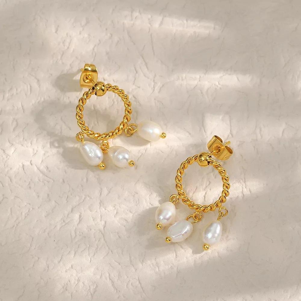 

Серьги с жемчугом в стиле бохо-барокко, универсальные винтажные серьги-гвоздики из нержавеющей стали с покрытием из 18-каратного золота