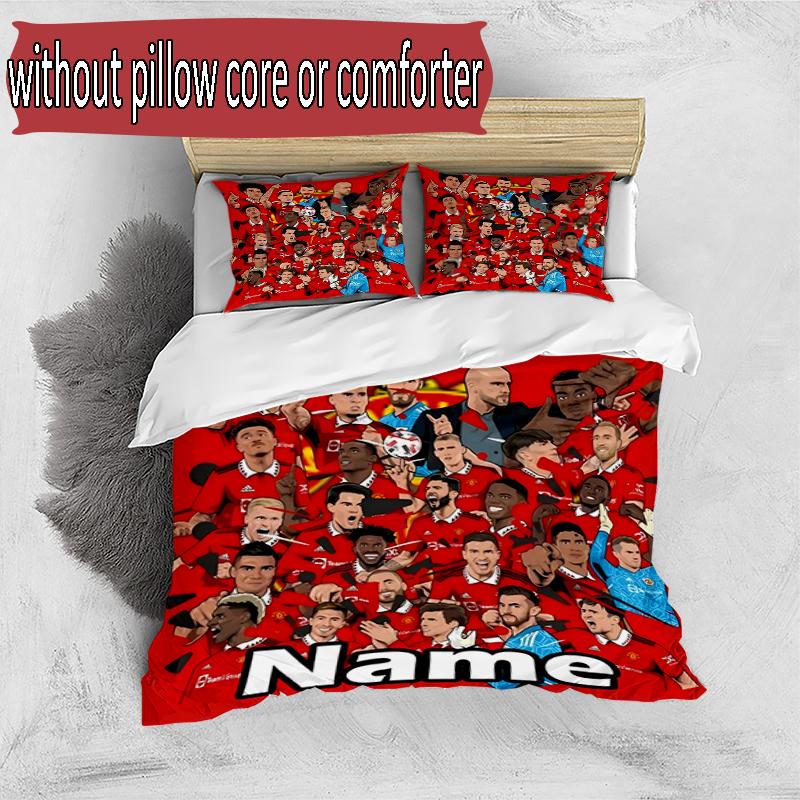 3pcs Duvet Cover Set (1*Duvet Cover + 2*Pillowcase, Without Core), Custom Name Manchester Football F.C Pattern Bedding Set, Home Bedroom Decor Gift