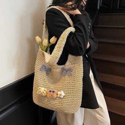 New Woven Bag Cute Bow Beach Bag Fashion Straw One Shoulder Straw Tote Bag