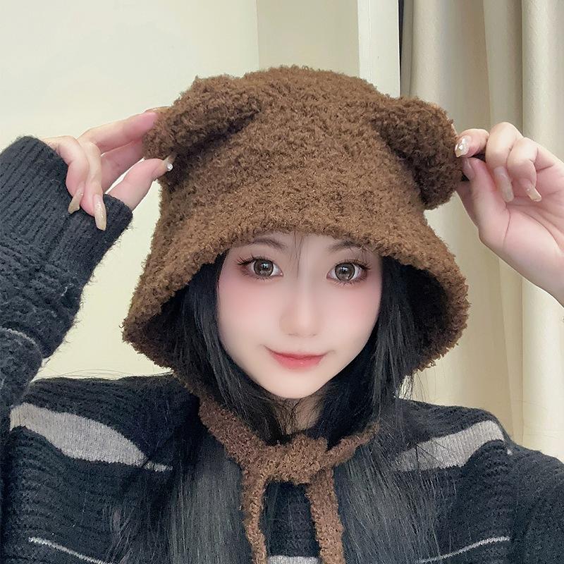 

Cute Plush Bear Ear Hat for Women Autumn and Winter Korean Style Warm Knitted Hat Versatile Korean Large Head Woolen Hat one size