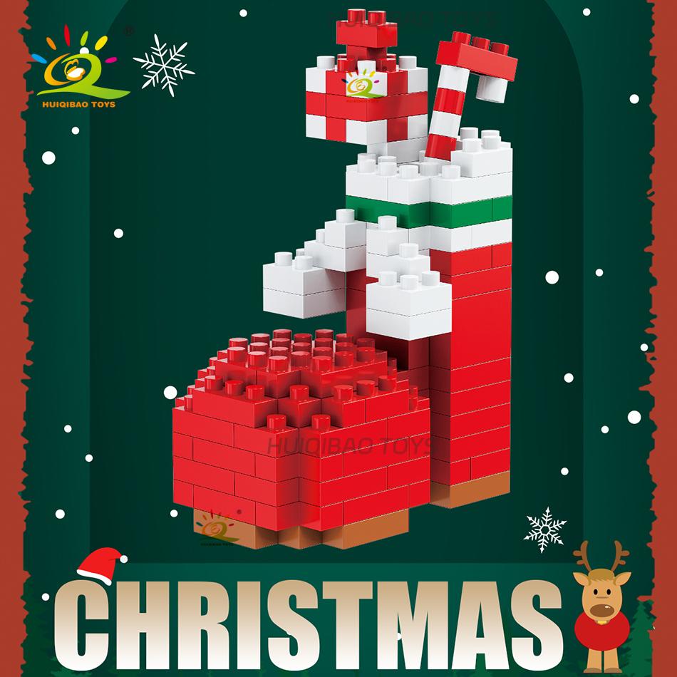 HUIQIBAO Mini Christmas Tree Santa Claus Children Train Model Micro Bricks Building Block Snowman Elk Bricks Toys New Year Gift
