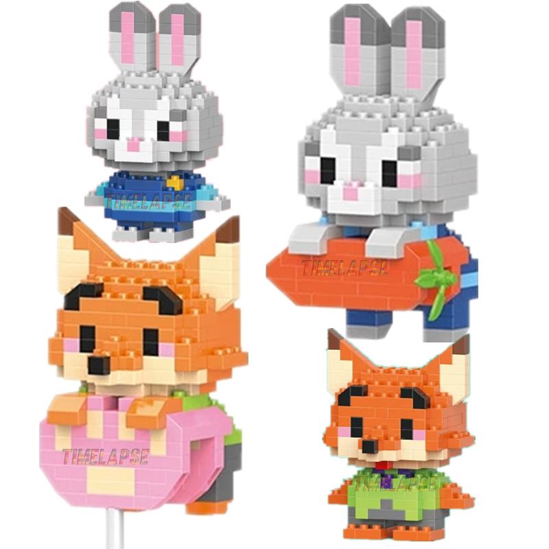 Diy Cute Animals Zoo Rabbit Fox Snake Carrot Otter Movie Cartoon Decoration Building Blocks Kit Bricks Model Kid Toy Children