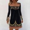 Women's Long-sleeved Casual Midi Dresses V-Neck Print  Casual Dress