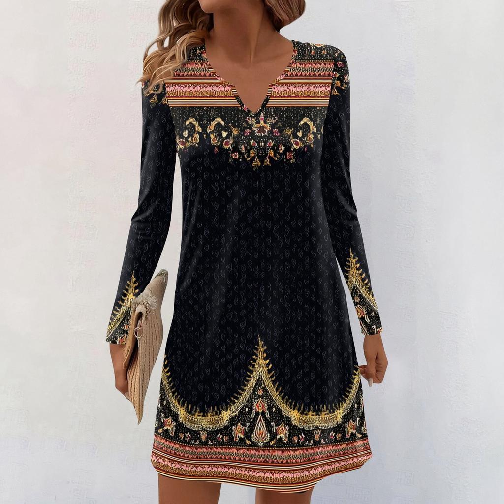 Women's Long-sleeved Casual Midi Dresses V-Neck Print  Casual Dress