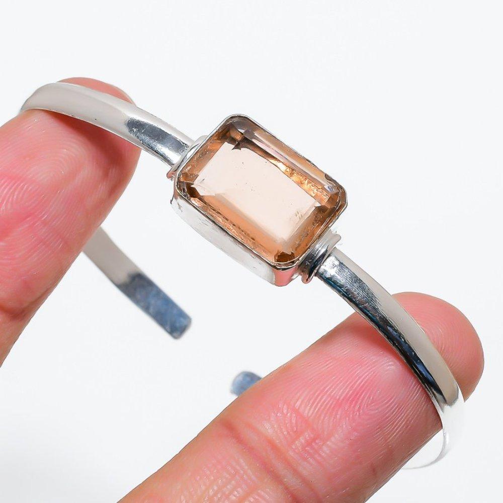 Natural Morganite Handmade 925 Sterling Silver Cuff Bangle Adjustable M5d61