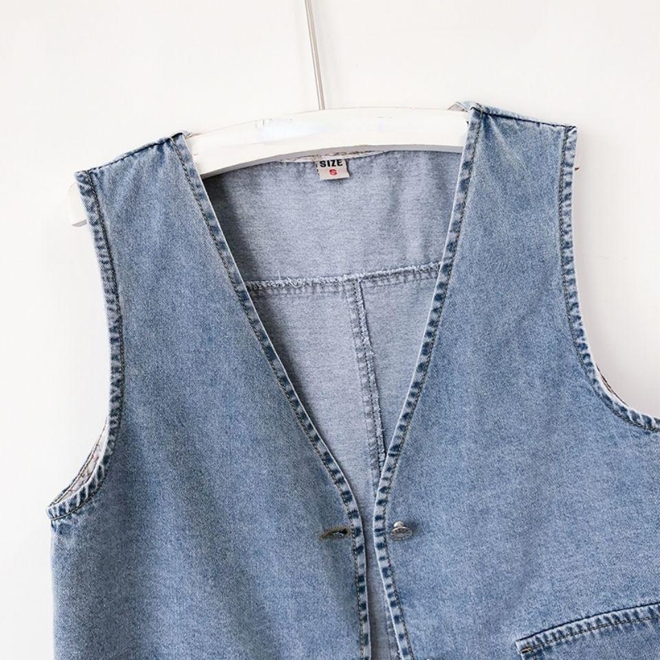 Women Jean Vests Autumn Pockets Sleeveless Streetwear Single Breasted Casual Tops Denim Vest for Women