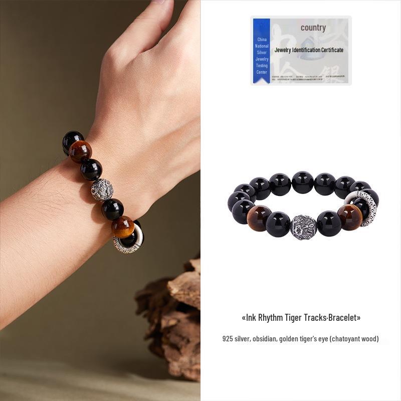 Min Yue S925 Sterlingsilber Sicherheitsverschluss Herren Obsidian & Goldener Tigerauge Perlen Retro Armband - Hochwertiges Geschenk für Freund