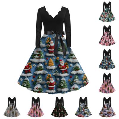 Damenmode Rundhals Lässig Slim Fit Weihnachtsdruck Weit schwingendes Langarmkleid