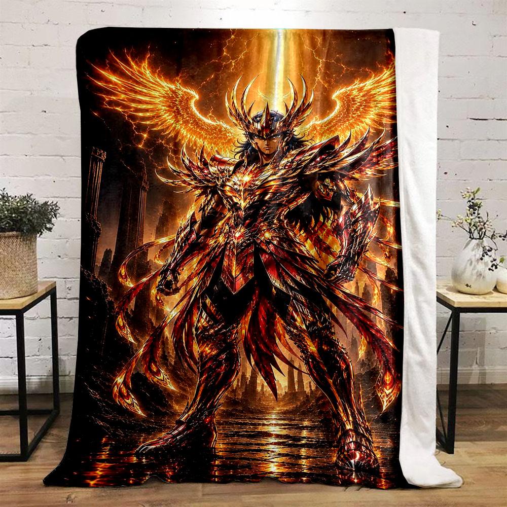 Fiery Armored Warrior with Flaming Wings Patterned flannel blanket perfect for the bedroom living room, sofa, or a little nap