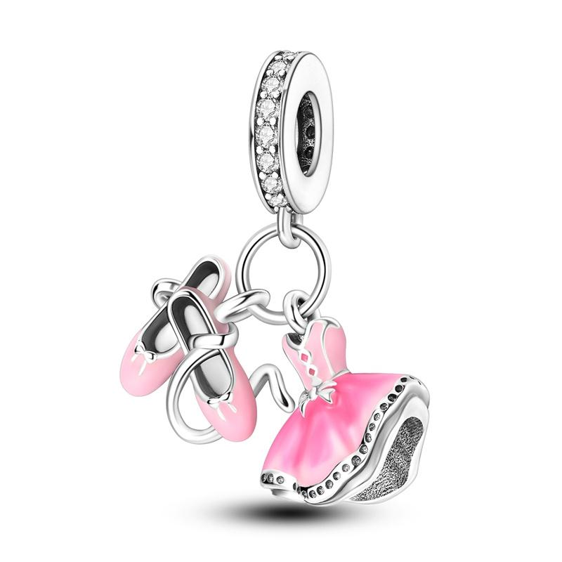 Pink Color Series Charms Beadscopper Cute Girl Pink Dangle Flower Heart Shape Pendant Fit Bangle Bracelet Necklace Jewelry