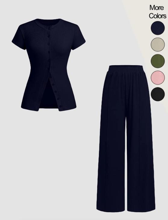 

2025 Women s High-Waist Two-Piece Set: Solid Color Short Sleeve M темно-синього кольору