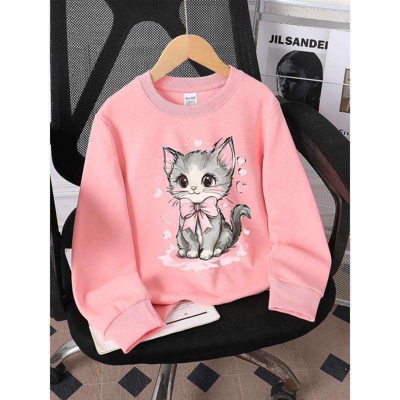 European sizes Kids' Round-Neck Hoodie | Cute Gray Kitten with Pink Bow, Sportswear and Casual Wear, Soft and Comfortable