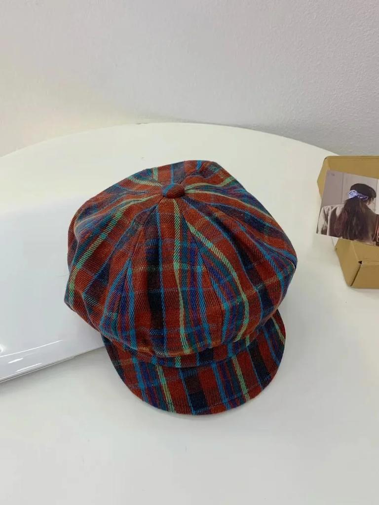 Vintage Plaid Newsboy Cap - 8-Panel British Baker Boy Hat for Women, Slimming Face Retro Flat Cap