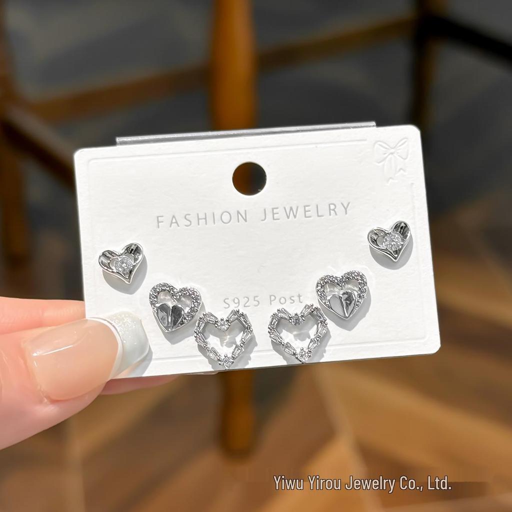 S925 Silver Heart Earrings Set: Elegant, Fashionable, Micro-Paved Studs for Women