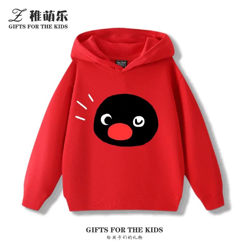 Kids' Fleece-Lined Hooded Sweatshirt with Fun Cartoon Penguin Print – Warm Pullover for Boys and Girls (Autumn/Winter)
