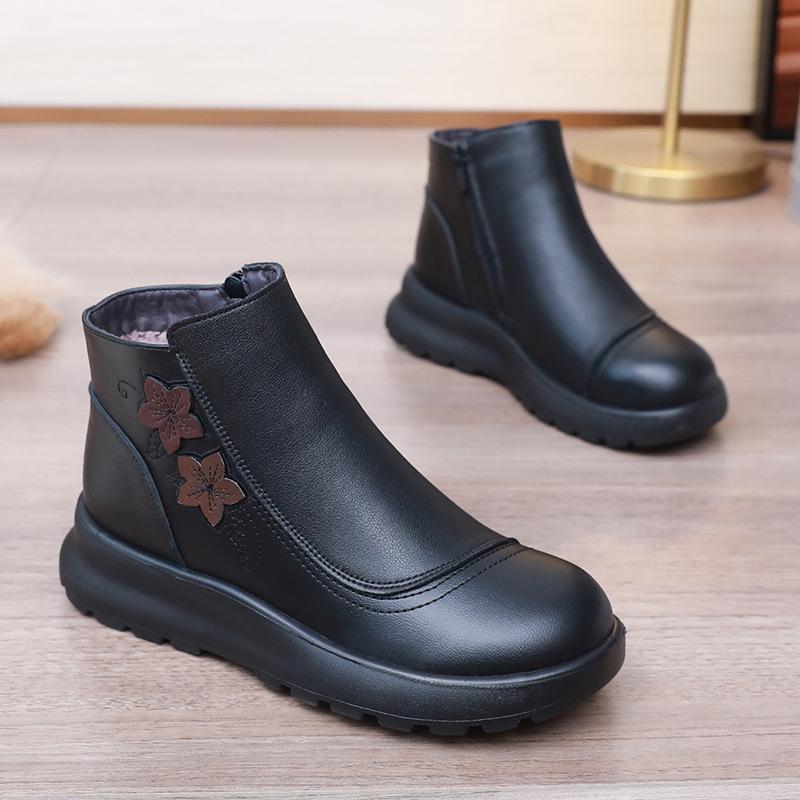 Retro Shoes with Fleece Short Boots, Round Toe Waterproof and Warm Women's Anti-slip Cotton Shoes