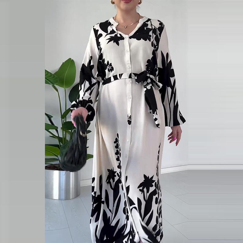 2024 Autumn Women's Color Block Lace-Up Waist Casual Long Sleeve Dress