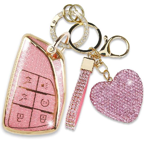 Key Fob Cover With Diamond Heart Keychain Car Key Shell Compatible With -2024 Chevy Tahoe Suburban GMC Yukon Denali Silverado Buick Full Protector