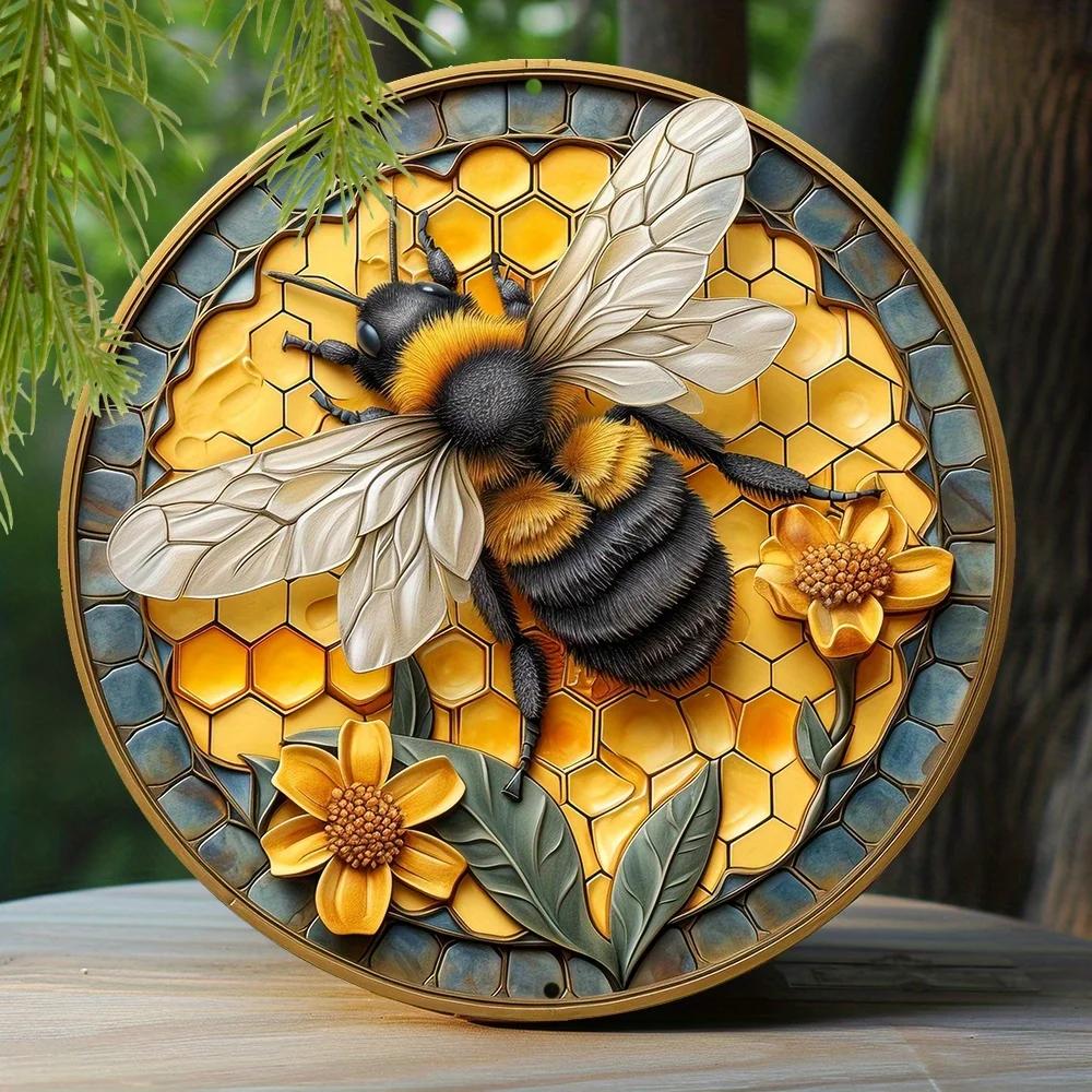 Round Metal Aluminum Sign Bee & Honeycomb Decorative Plates Entrance Decor Gift Mask Theme For Bar Club Home Room Wall Decor