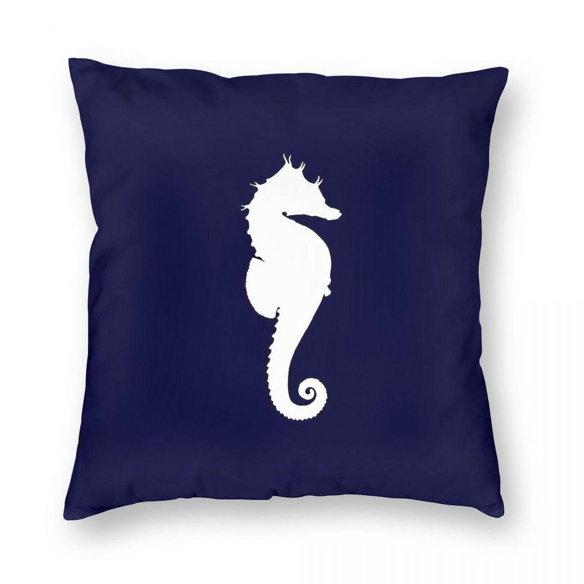 

White Seahorse On Navy Blue Square Pillowcase Polyester Linen Velvet Creative Zip Decorative Bed Cushion Cover Wholesale 30x30cm