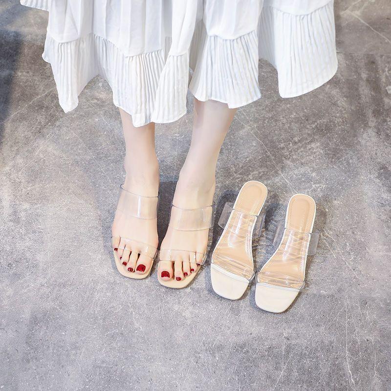 Transparent New Internet Celebrity Sandals Women's Slippers 2025 Summer Low Heel Sandals Thick Heel French High Heels