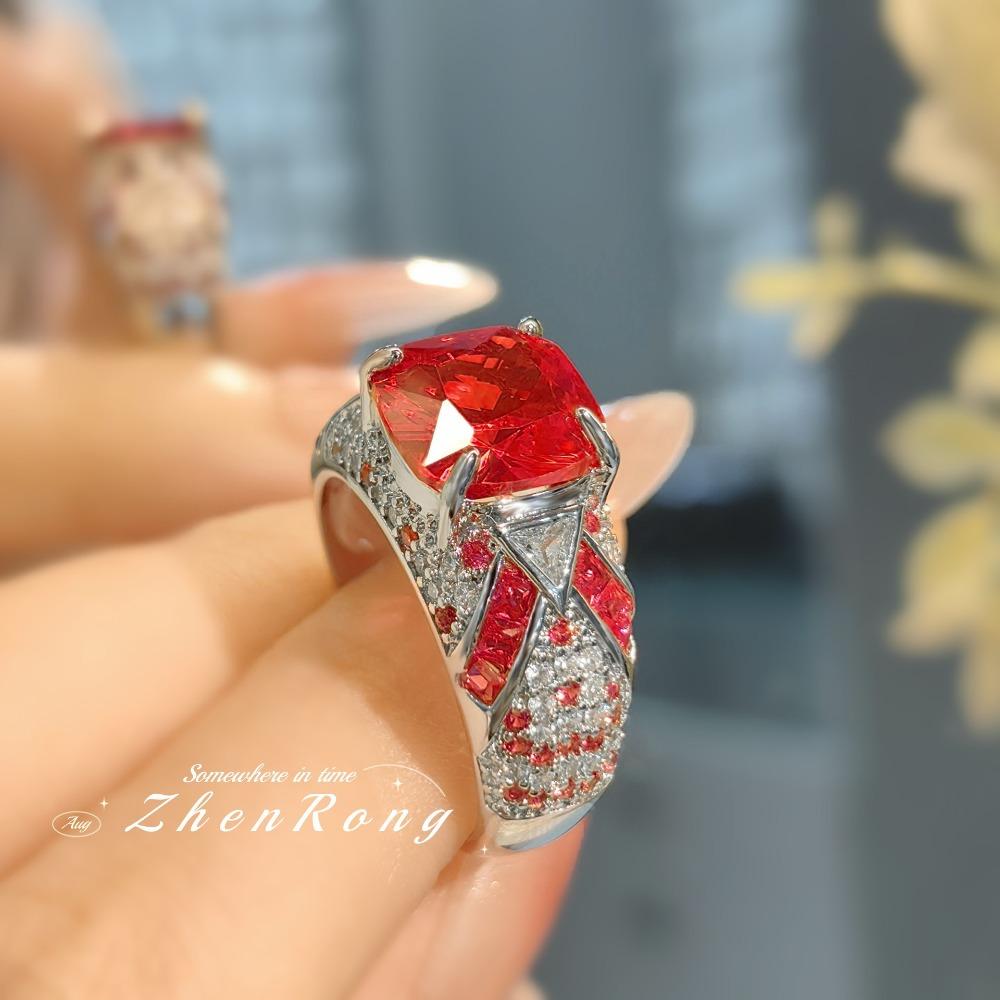 Open Ring Vintage Luxury Square Red Corundum Ring with High Carbon Red Diamond Elegant Unique Women Ring