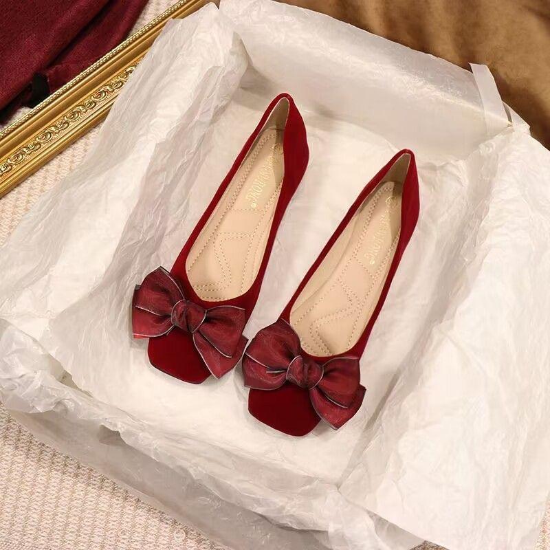 2025 Spring Summer Shoes Women Flats Soft Elegant Woman Boat Shoes Flat Bowknot Single Red Plus Size 42 D307