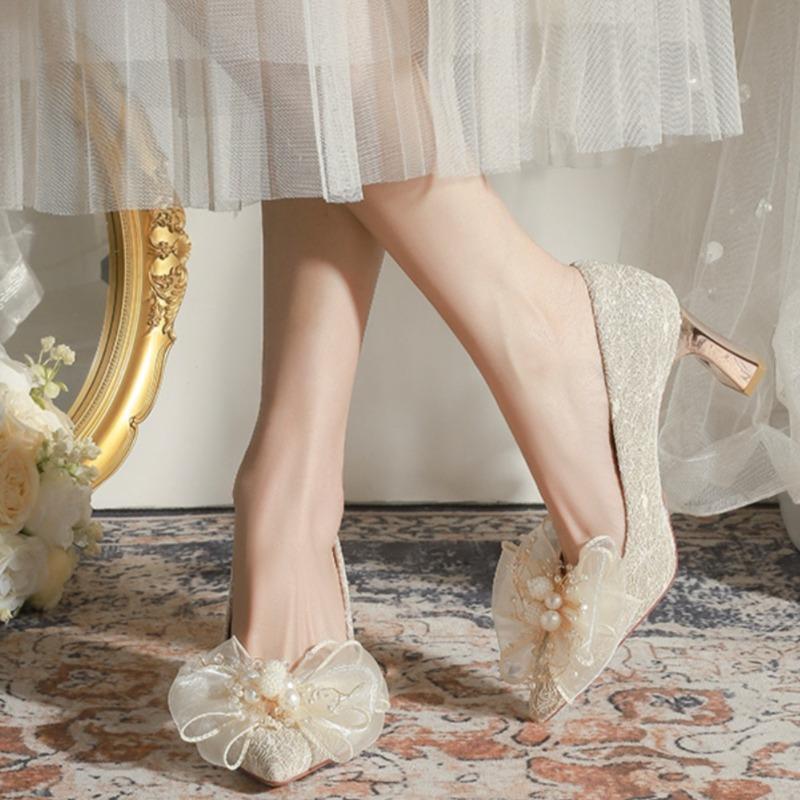

Block Heel Single Fashion Lace Bow Slip-On Pointed Toe Shallow Mouth Non-Slip Plus Size Pumps 34