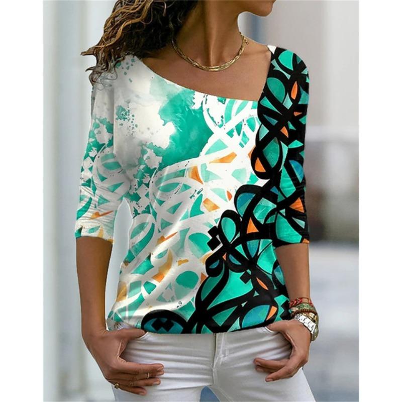 Women's T Shirt Characteristic Diagonal Neck Irregular Flower Digital 3D Print Ladies Wear Fashion Street Harajuku Ladies Tee