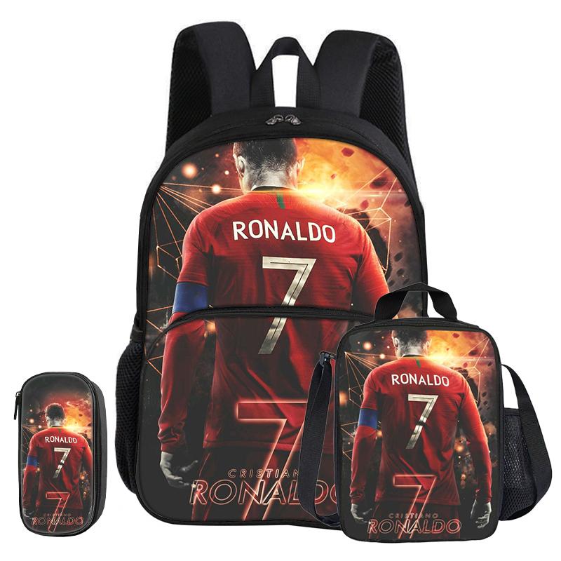 Ronaldo 3 Pcs Set with Front Pocket Backpack Football Sport with Thermal Insulated Lunch Tote Purse CR Football Star Pencil Case