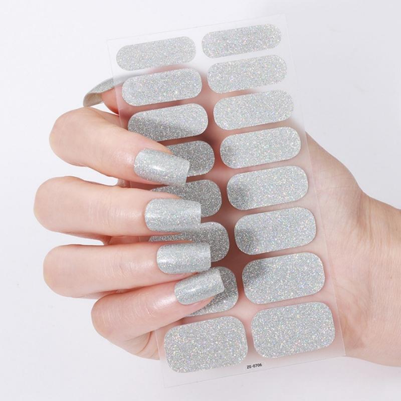 16pcs/packSolid Color Glitter Nail Stickers Nail Polish Film Nail Stickers Summer Party Shiny Red Silver Disposable Nail Sticker