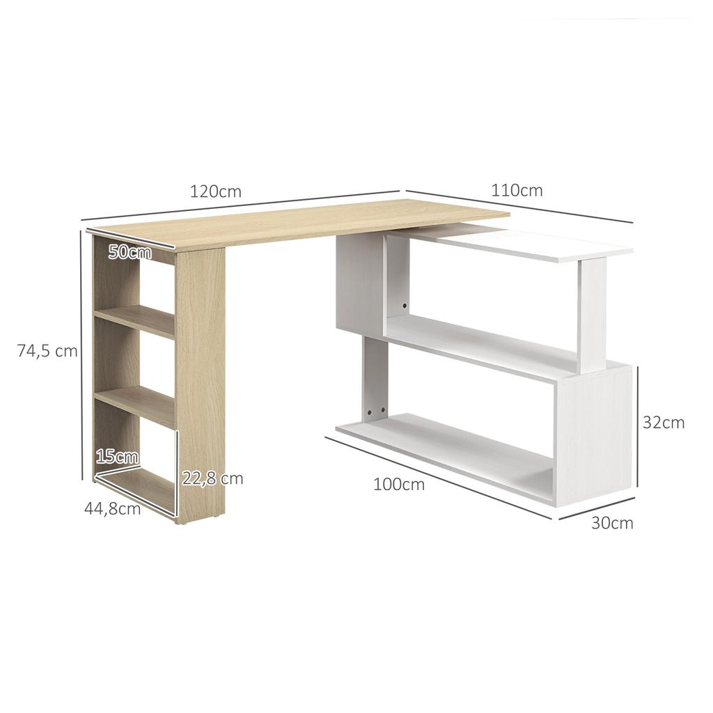 Eck-Computertisch, L-förmiger Schreibtisch mit 360 Grad drehbarem Bücherregal, 120L x 110B x 74,5H cm, Natur und Weiß