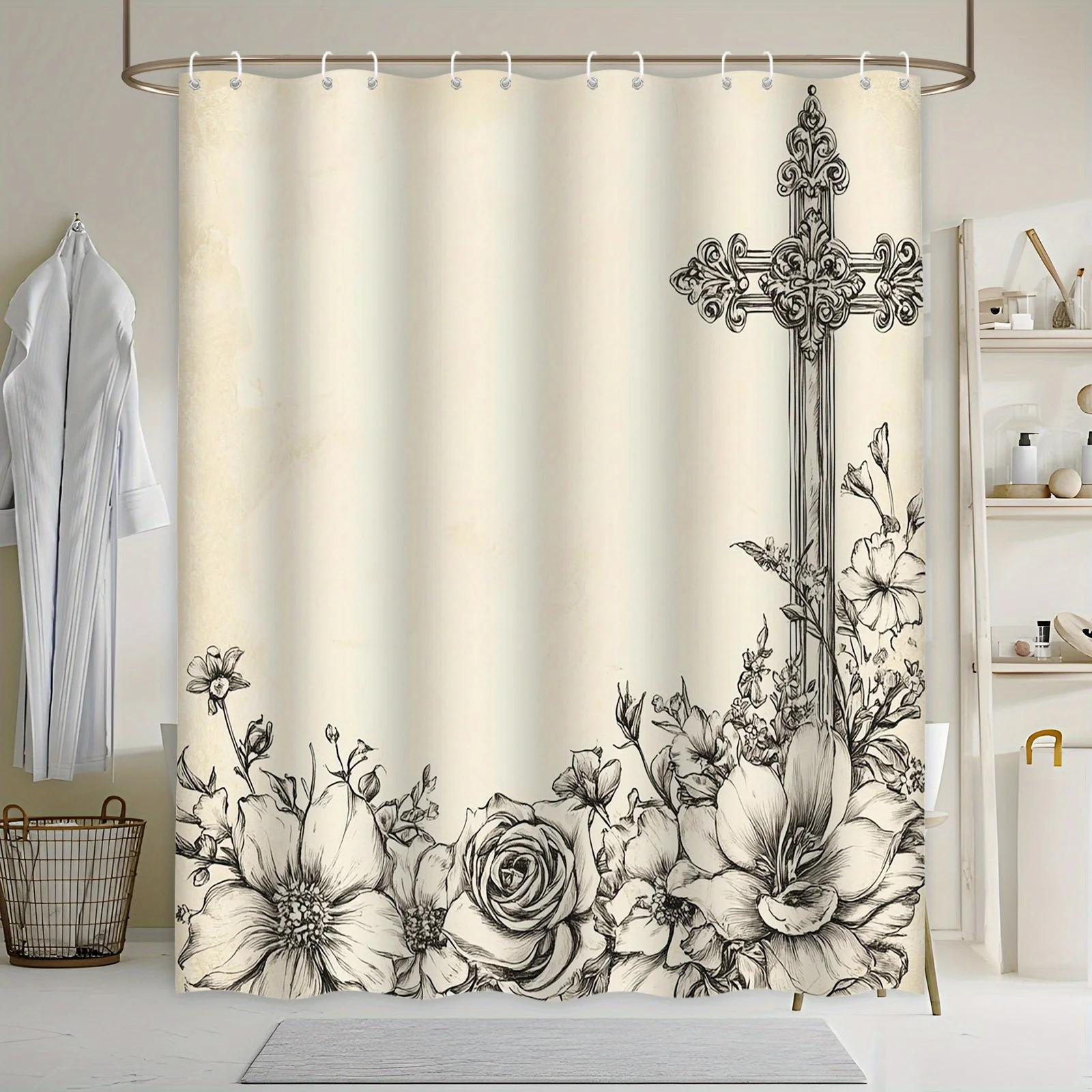 

Gothic Cross & Floral Bath Curtain - Vintage Sepia Pencil Drawing, Roses & Lilies, Romantic Polyester, Machine Washable W90xH180cm
