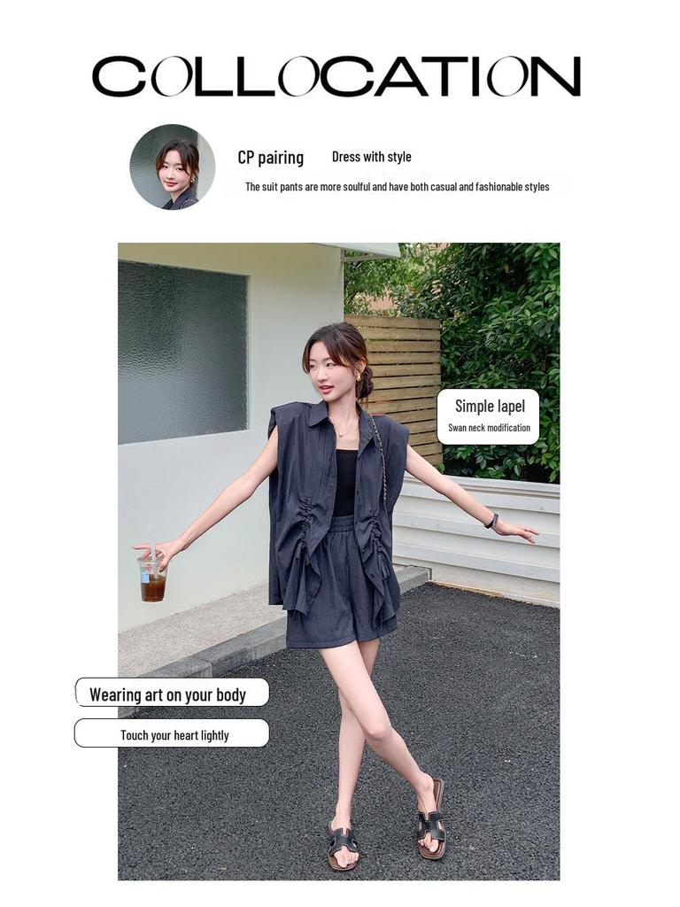 Trendy 2024 Drawstring Sleeve Shirt and Shorts Set: Stylish, Youthful, Two-Piece Casual Outfit