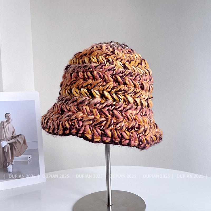 Autumn Winter New Dopamine Color Coarse Wool Knitted Bucket Hat Women'S Warm And Versatile Big Display Washbasin Hat