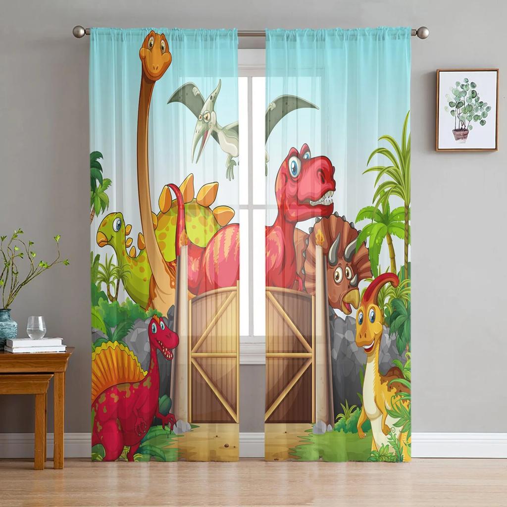 Jurassic 3D Dinosaur Virgin Forest Sheer Curtains for Living Room Bedroom Tulle Window Drapes for Kitchen Decoration