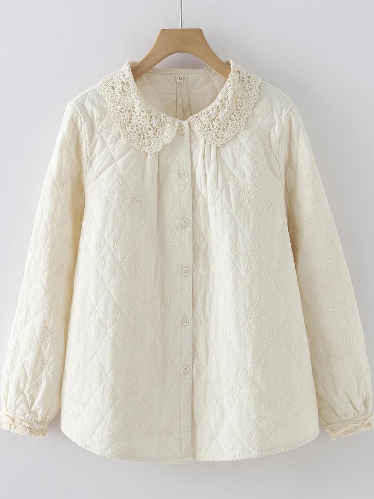 Women's Retro Lace Trim Jacquard Long Sleeve Quilted Shirt - Winter 2025 Edition