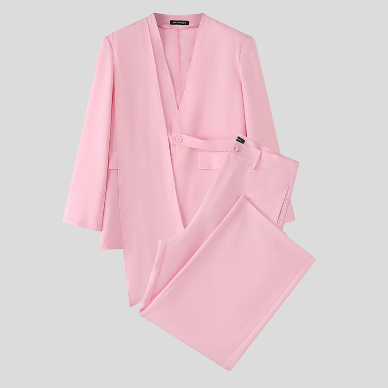 INCERUN Two Pieces Outfits Men Long Sleeve Layers Thin Blazer Long Straight Pants Party Sets
