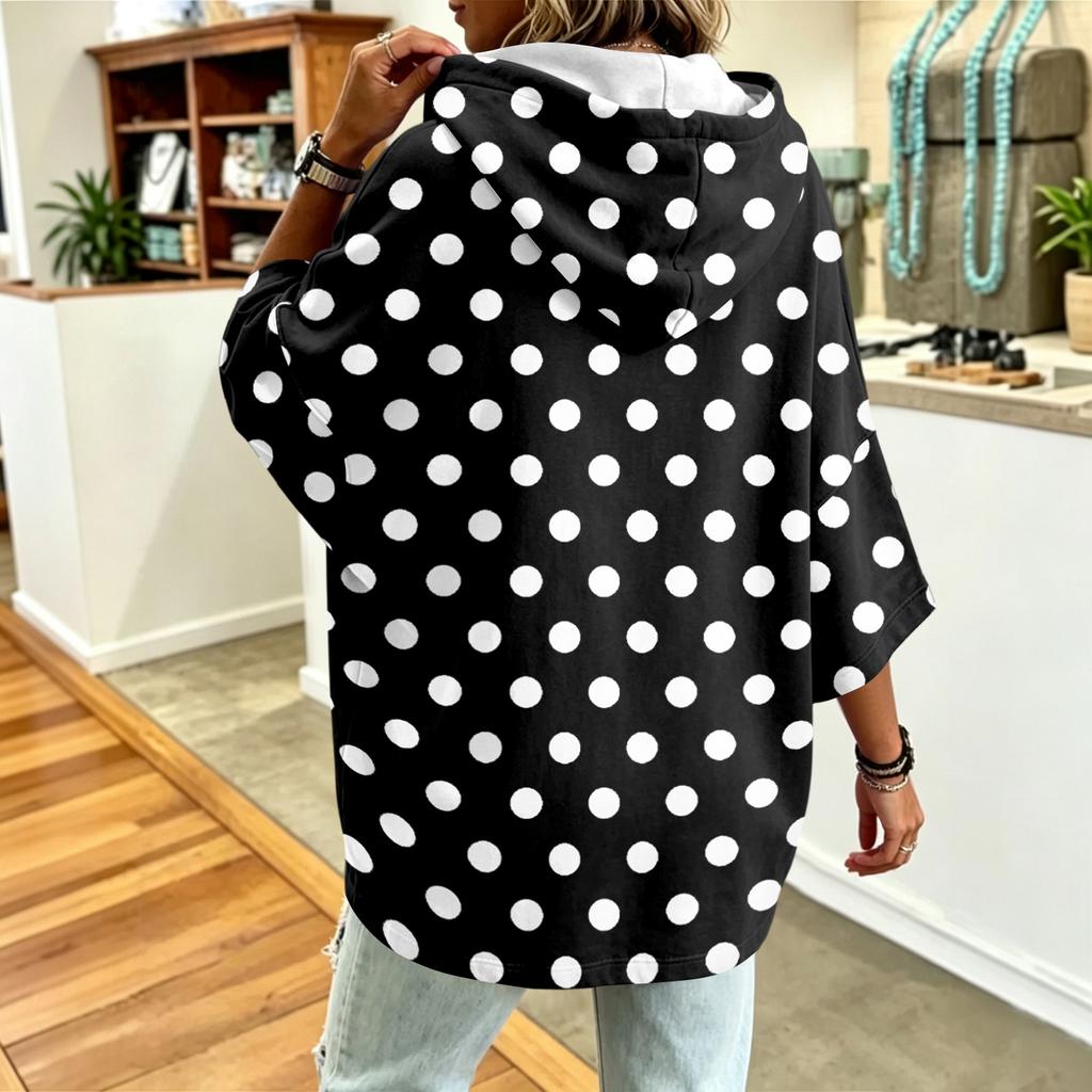 Women's Polka Dot Print Drawstring Hooded Sweatshirt Loose Fit Casual Top