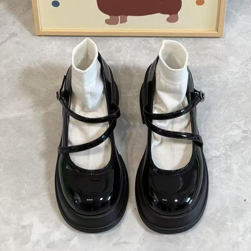 Black round head high heel platform small leather shoes women's new autumn versatile Japanese retro French Mary Jane shoes