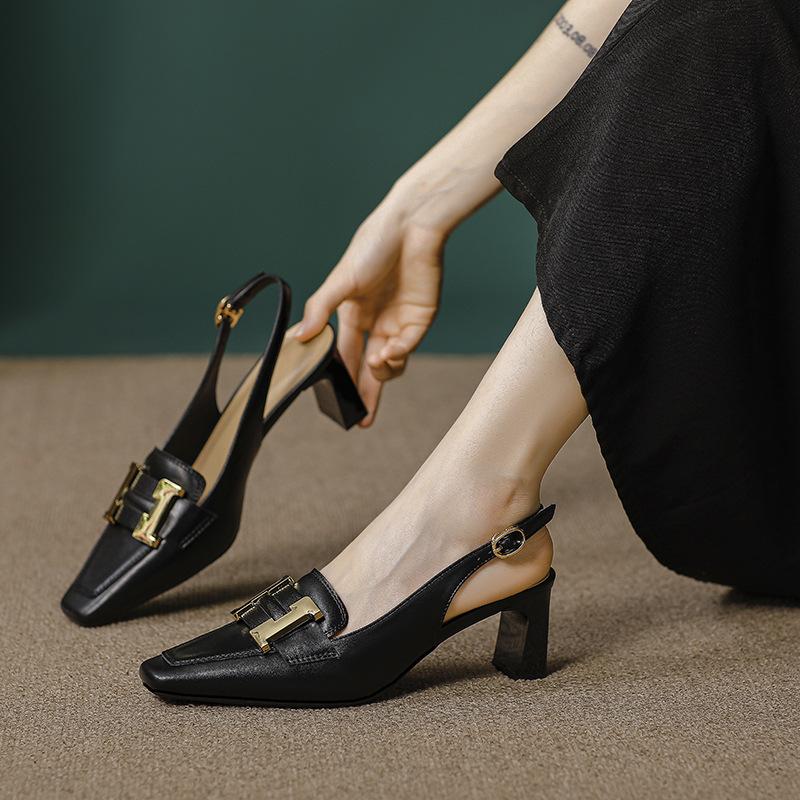 Baotou sandals women's square head one-word buckle high heels new leather thick heel empty single shoes