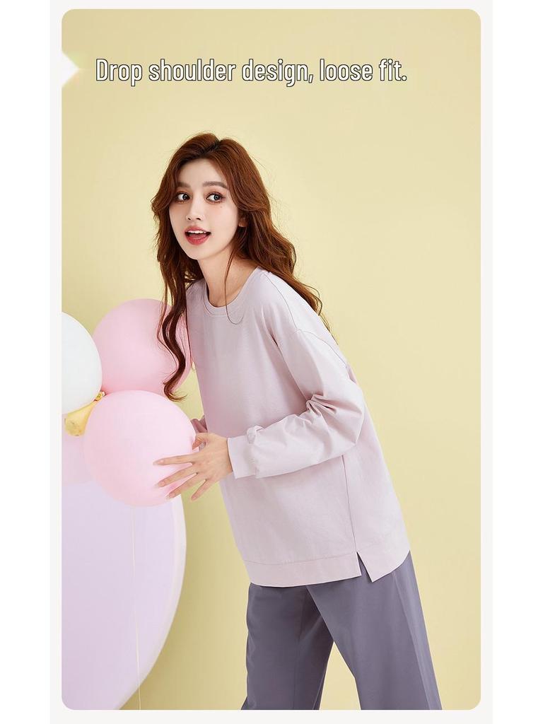 2025 Women's 100% Cotton Pajamas, Round Neck Long Sleeve Pullover, Casual Autumn/Spring Homewear Set