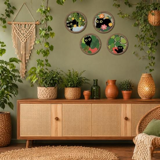Matte Finish Wood Decoration 4PCS Black Cat Wall Sign, with Warm Grain Texture Art, Scratch-Resistant Natural Art Home Decor, Nordic Retro Style