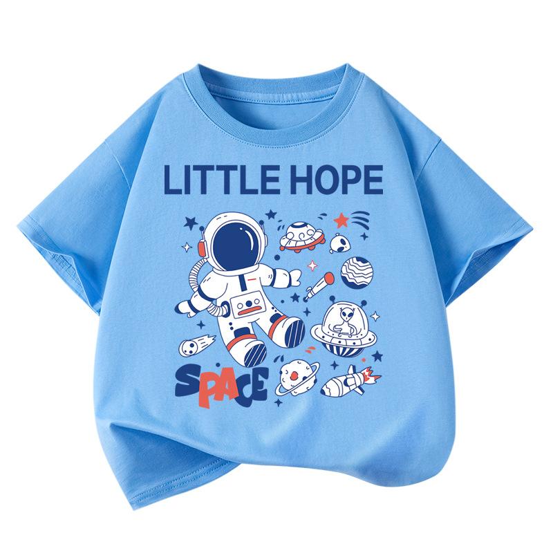1pcs Boys 100% Cotton Tee Summer Cartoon Fashion T-shirt Student Short-sleeveds Astronaut Print Tops Childrens Round Neck Tshirt