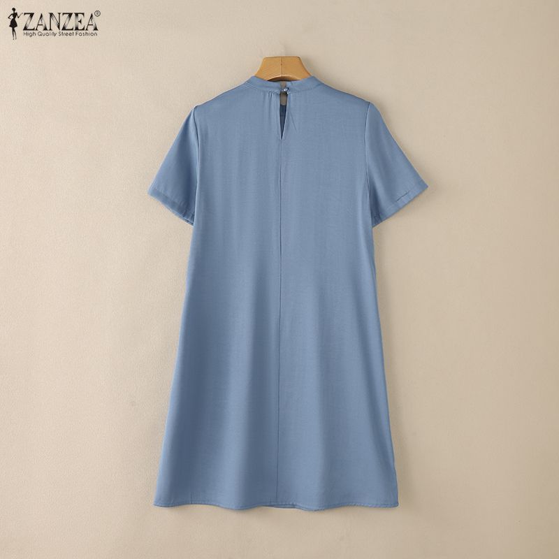 ZANZEA Women Casual Stand Collar Summer Short Sleeve Dress