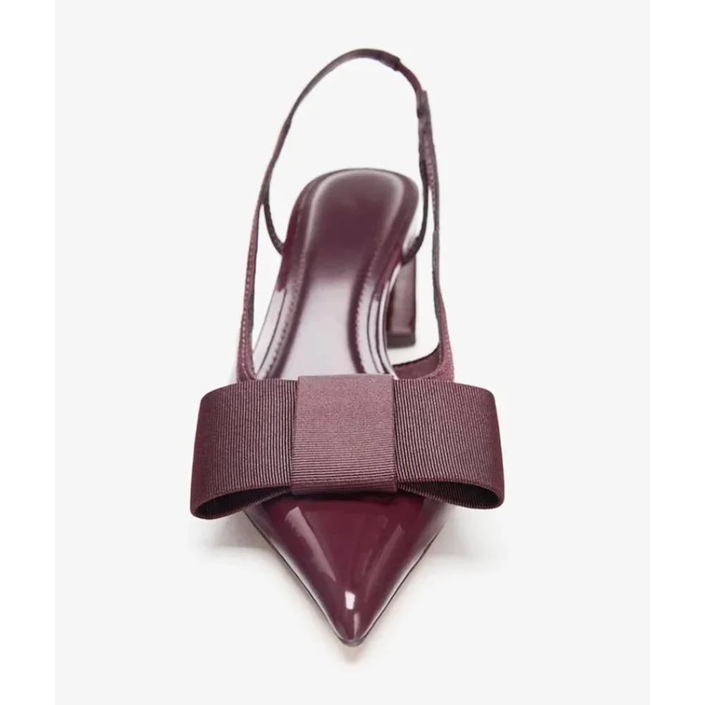 Patent Leather Heeled Sandals Women Elegant Burgundy Bow Pointed Toe Chunky Heel Pumps Luxury Designer Heels for Ladies