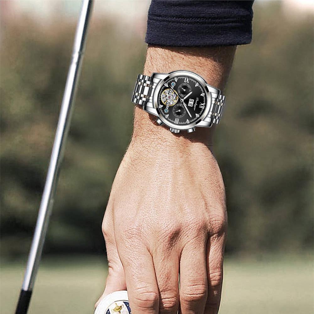 POEDAGAR Ceasuri de lux pentru bărbați, marca de top, cu cutie, calendar, ceasuri mecanice pentru bărbați, multifuncționale, impermeabile, cu goluri luminoase