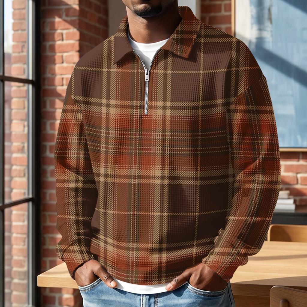 Men's Retro Half-Zip Collared Long Sleeve Plaid Print Casual Top for Everyday Wear