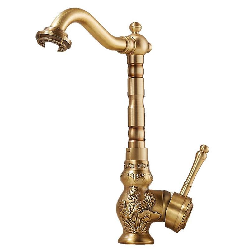 Antique Brass Basin Faucet Single Handle Mixer Tap Carving Design Rotatable Spout for Bathroom Vessel Sink