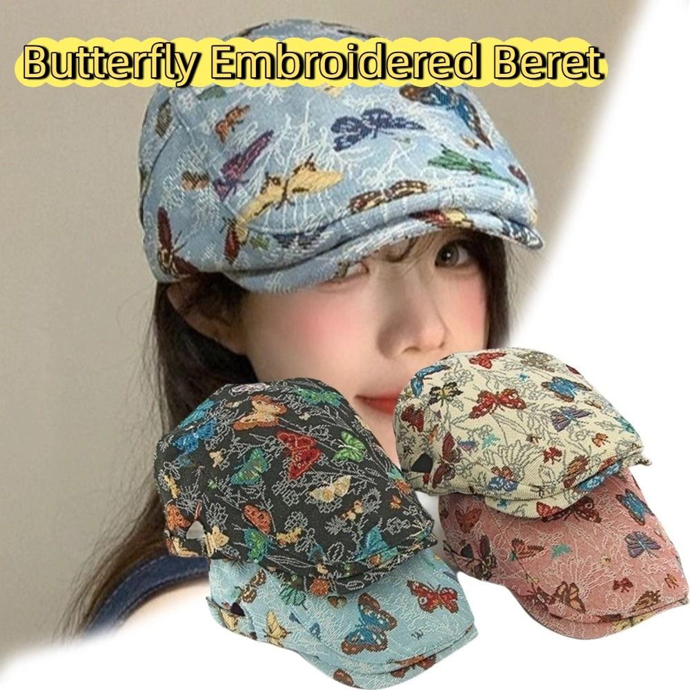 Reversible Design Retro Newsboy Cap Ethnic Style Butterfly Embroidered Beret  Women's Wear